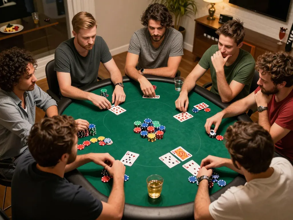 Friends immersing in a poker game at home, embodying Jun88's engaging atmosphere and strategic gameplay.