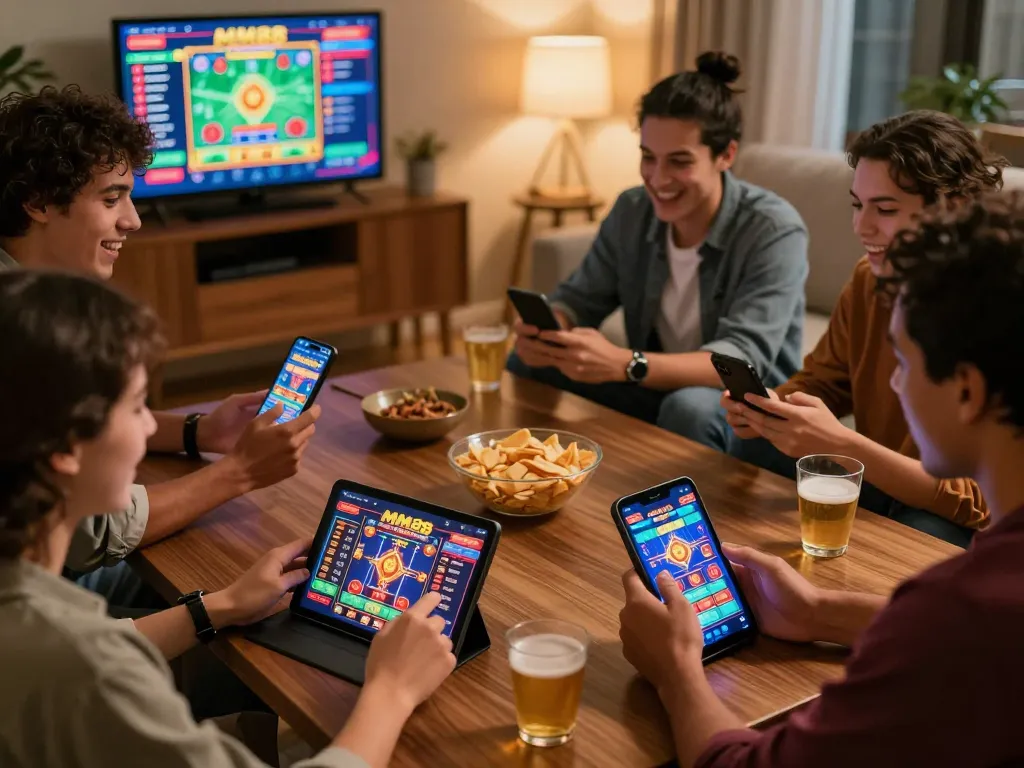 MM88 gaming experience with friends enjoying casino games and sports betting in a cozy setting.