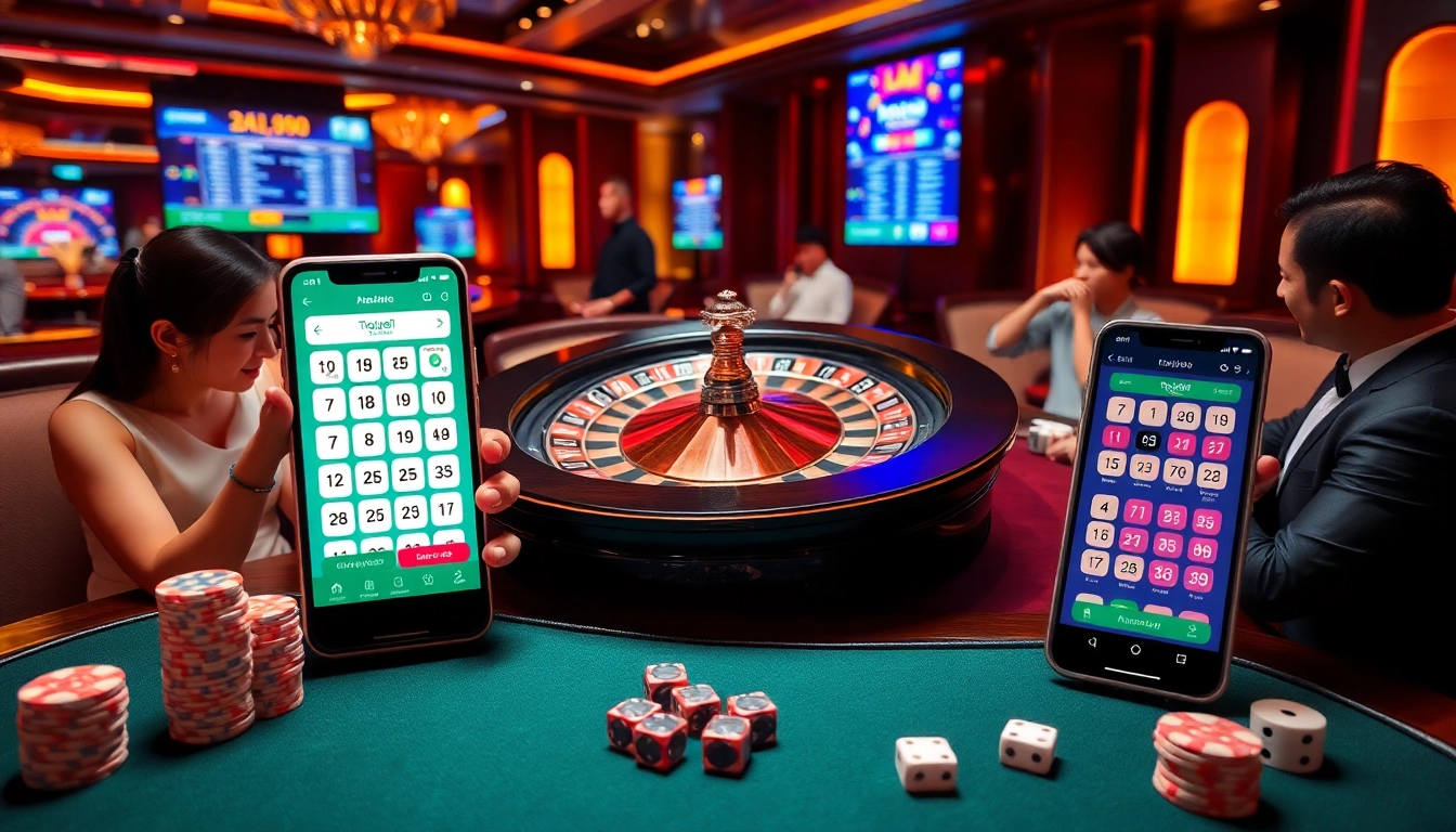 Players enjoying the thrill of gambling on Amanahtoto's Togel Macau with vibrant casino elements.