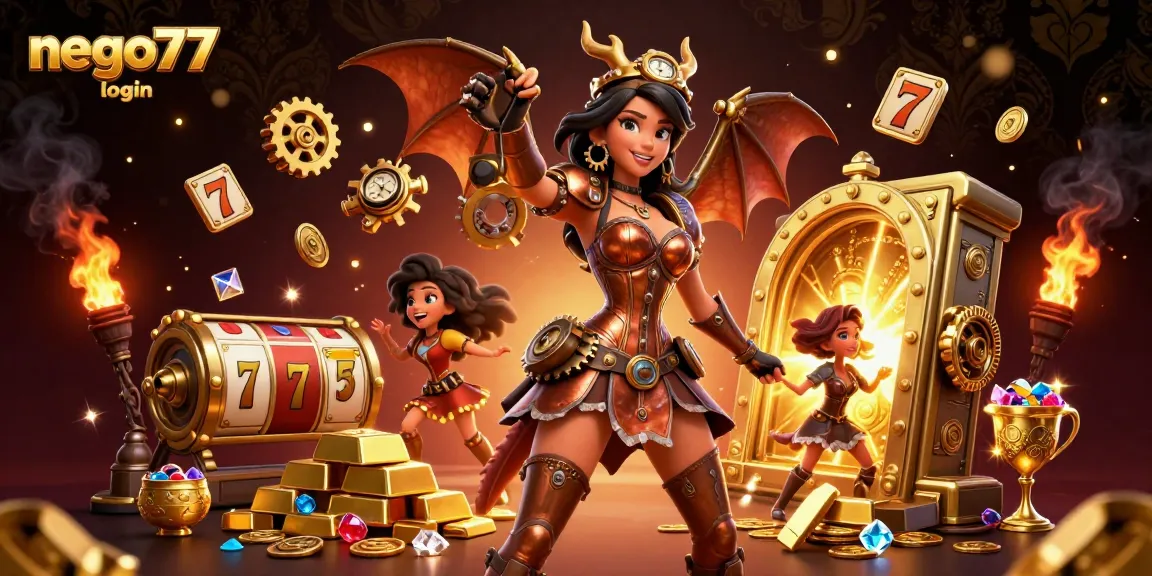 Action-packed scene with nego77 login, featuring gaming elements like slot reels and gold treasures in a dazzling 3D illustration.