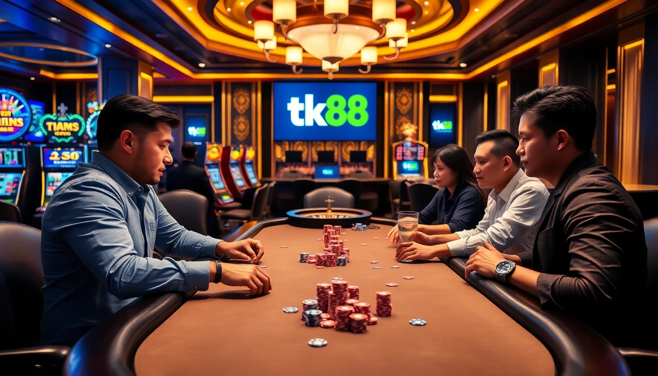 Engaging poker players showcasing tense moments at tk88 casino table amidst vibrant gaming atmosphere.