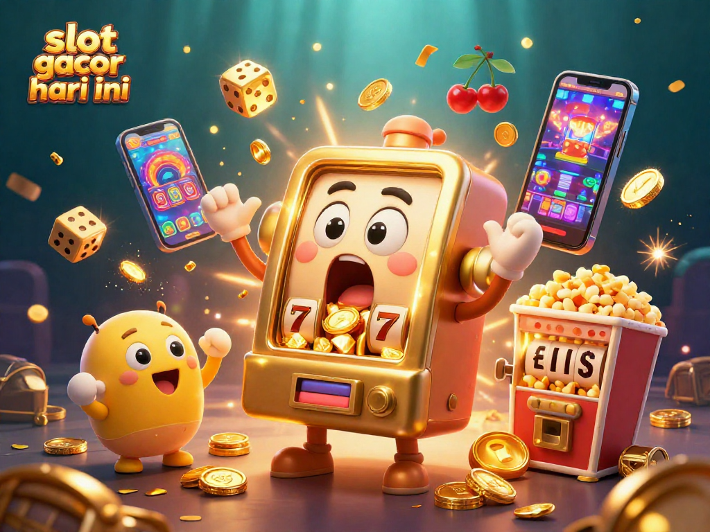 Spinning slot gacor hari ini showcases a lively cartoon slot machine winning its jackpot with coins and cheering companions.
