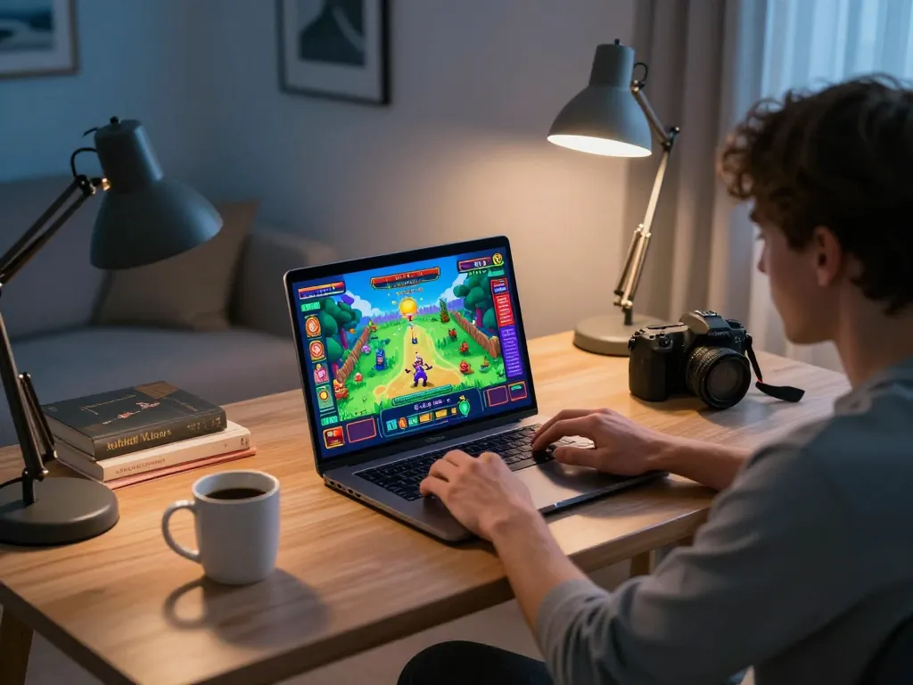 Pemain yang terlibat menikmati permainan online dengan laptop yang menunjukkan antarmuka taruhan seniman komik, suasana ruang kerja modern yang nyaman.