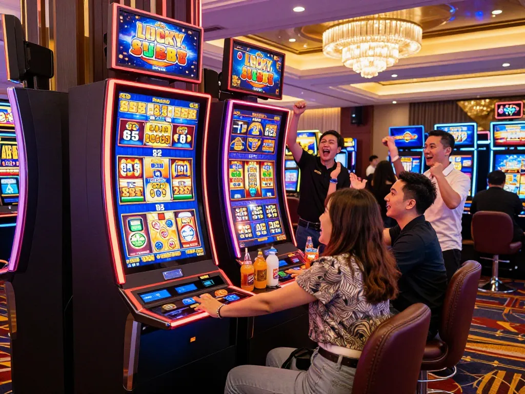 Exciting gaming scene featuring Lucky 88 slot machine with players celebrating a big win in a vibrant casino atmosphere
