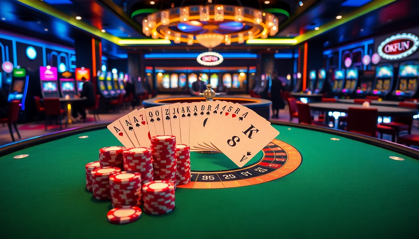 Experience the excitement of gambling at OKFUN casino with vibrant poker tables and roulette wheels.