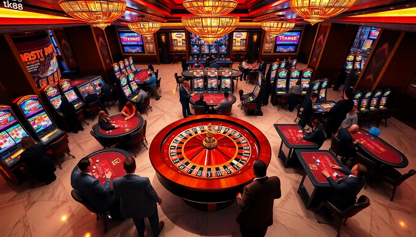 High-stakes excitement at tk88 Casino with roulette wheel and poker tables.