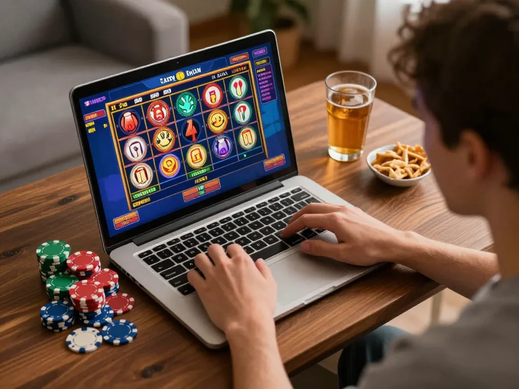 Engaging gameplay at home showing Best Safe Non AAMS slots, with player focused on online strategies.