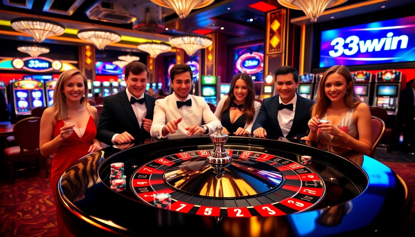 Experience the thrill of playing at 33win's luxurious casino with vibrant roulette tables and excited players.
