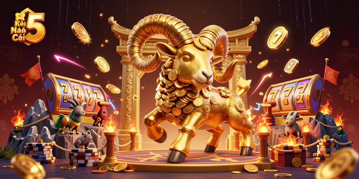 Kèo Nhà Cái 5 showcases a dynamic 3D illustration of a golden ram charging with slot reels and vibrant casino elements.