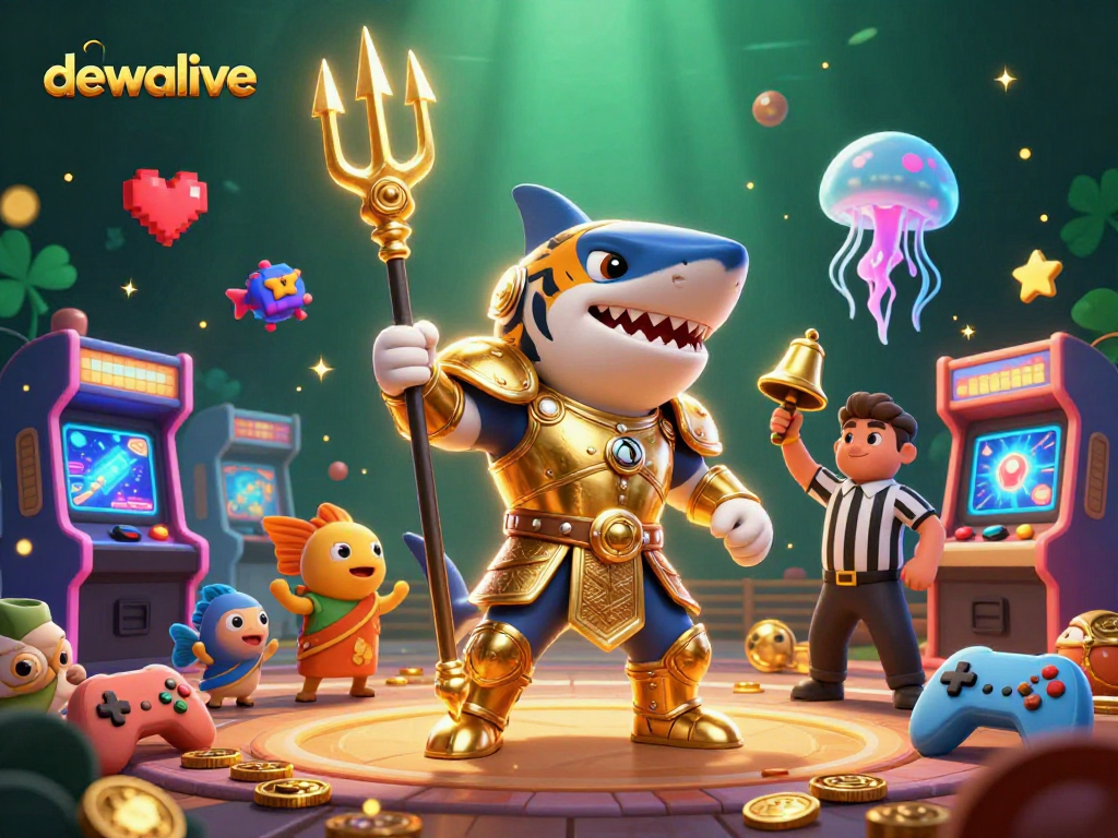 Dewalive menghadirkan suasana seru kasino dengan karakter hiu 3D dan unsur permainan menarik di latar belakang