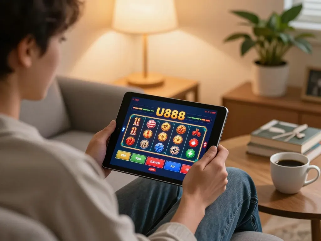 Player engaging with U888 online casino slots on a tablet in a cozy home setting