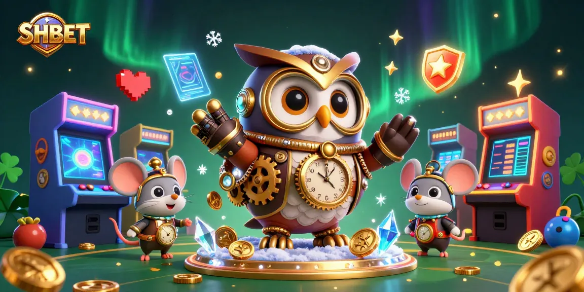 Engage with SHBET's thrilling casino experience featuring a whimsical time-traveler owl and vibrant game elements.