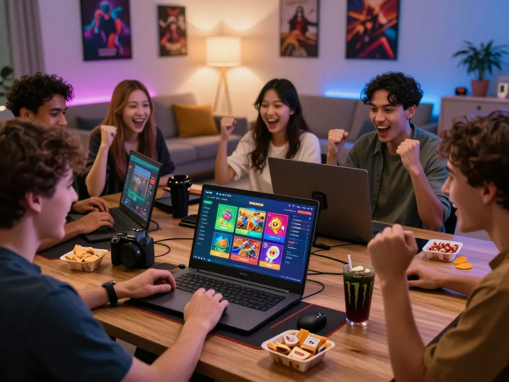 Friends enjoying an exciting gaming session on UU88, featuring diverse games and a lively atmosphere.