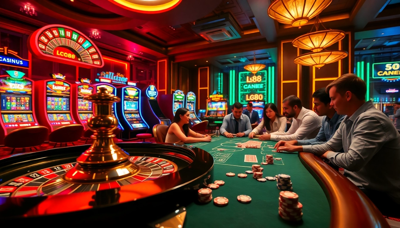 Players engaging in thrilling casino games at lc88, featuring poker, roulette, and vibrant slot machines.