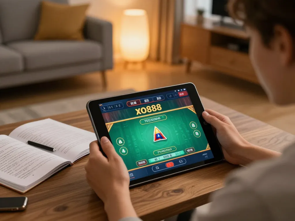 Engaged player enjoying online gaming at xo88 on a tablet with strategic notes nearby.