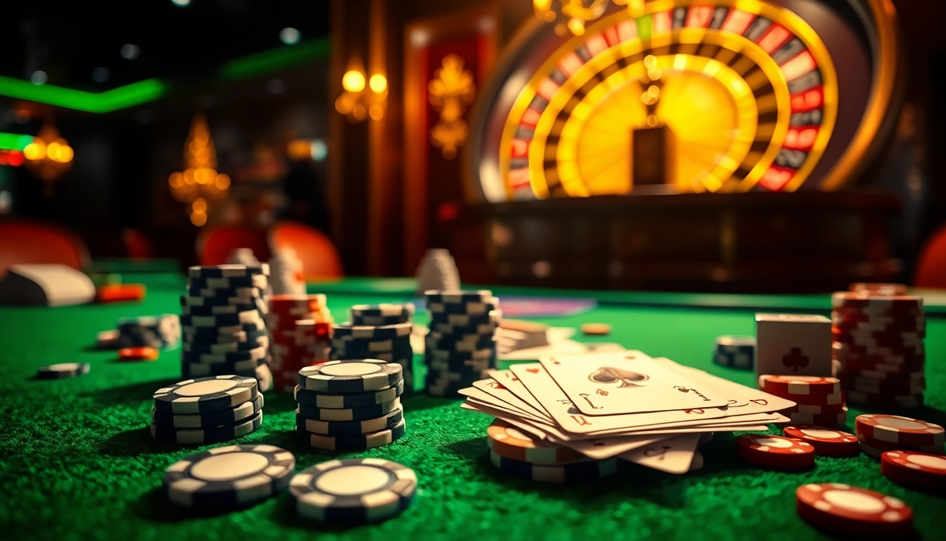 Agen bola sbobet di meja kasino dengan chip poker berwarna-warni dan suasana meriah di sekelilingnya.