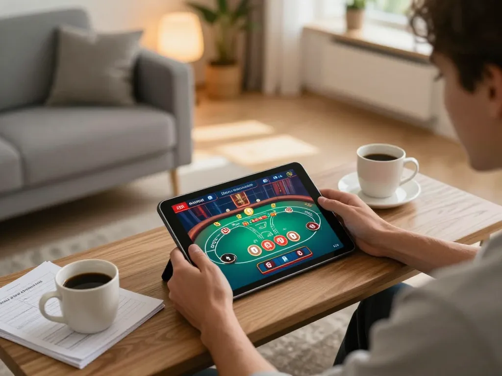 F168 players enjoying seamless online casino gaming experience on tablet in cozy home setting.