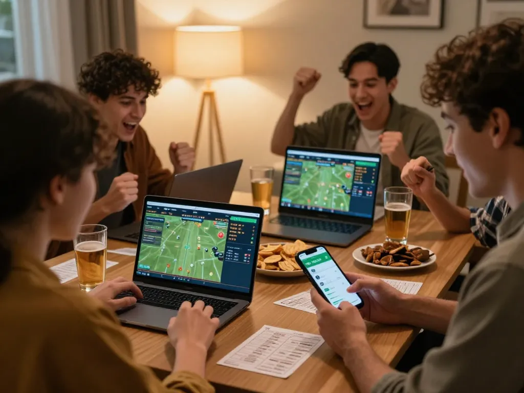 Engaging sports betting moment on nohu90 app with friends at home table.