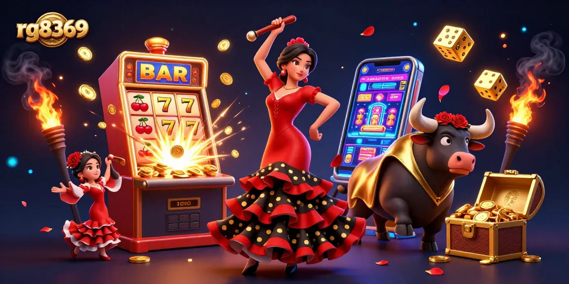 Experience the thrill of rg8369 with a vibrant illustration featuring a playful flamenco dancer and a golden bull.