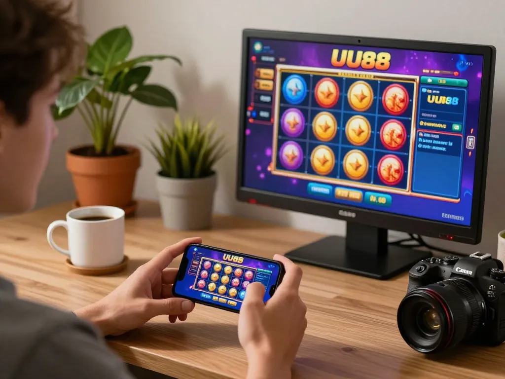 Engaging gameplay on UU88 app, showcasing colorful slots interface on smartphone in a cozy gaming setup.