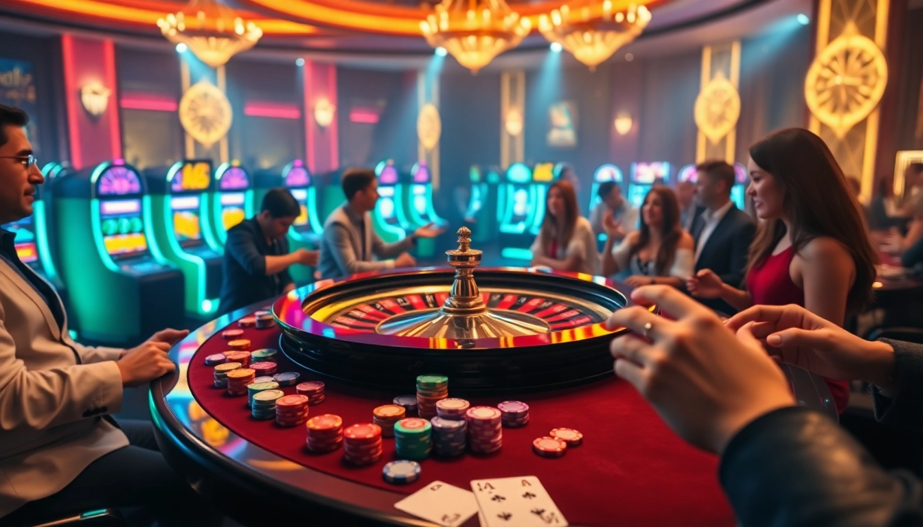 Experience excitement at shbet with a vibrant casino scene featuring roulette, cards, and betting slips.