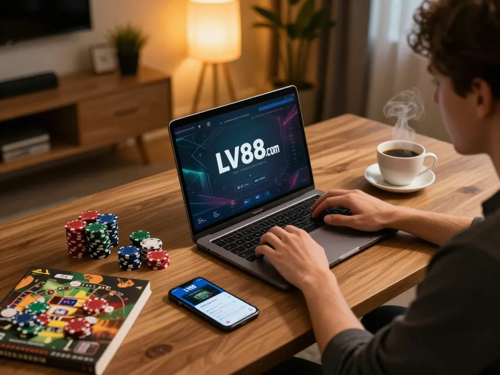 Engaging online gaming scene with LV88.com on laptop, showcasing strategic play and modern entertainment.