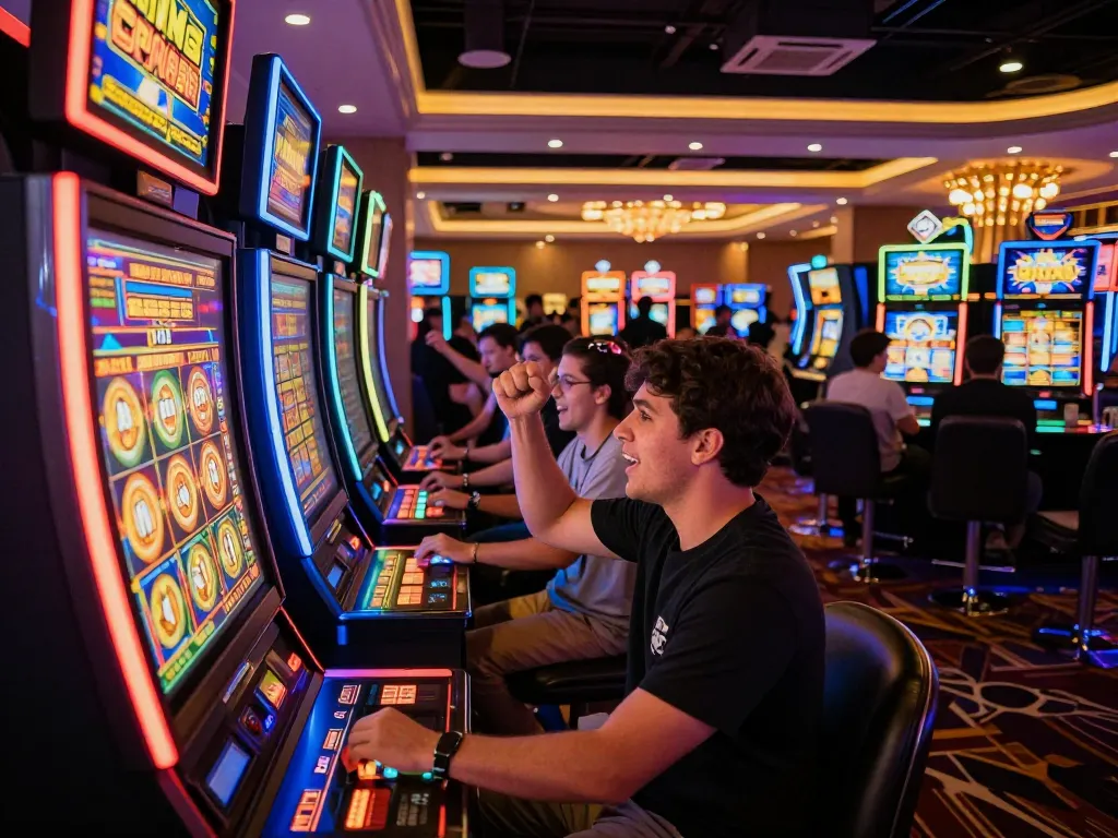 NAGA2000 players celebrating wins at a lively casino floor with colorful slot machines.