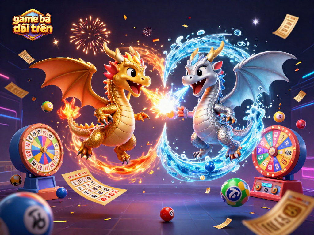 Experience exhilarating game bài đổi thưởng with vibrant dragons and dynamic lottery elements in a rich illustration.