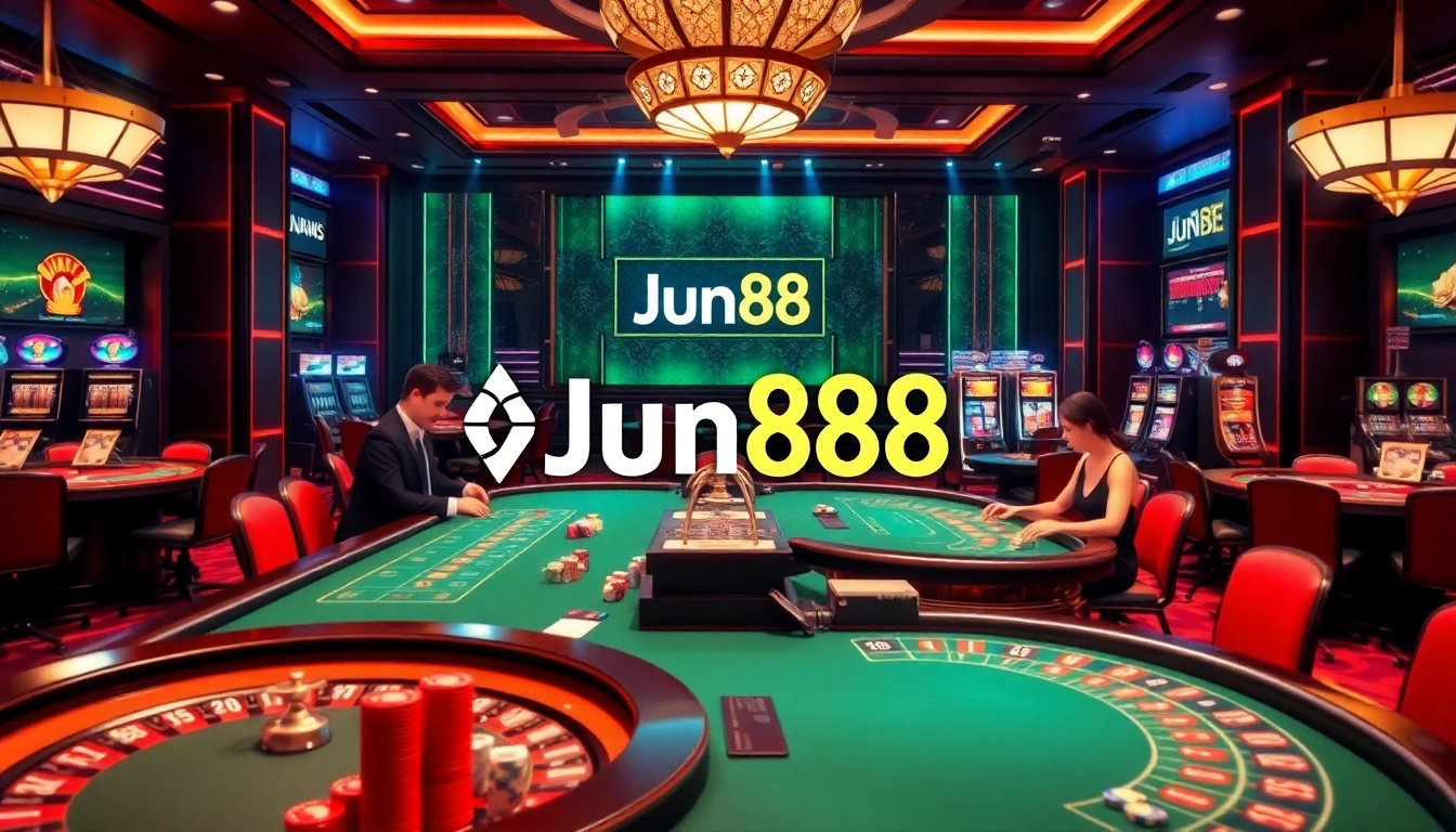 Experience high-stakes gambling at Jun88 with luxurious casino tables and vibrant decor.
