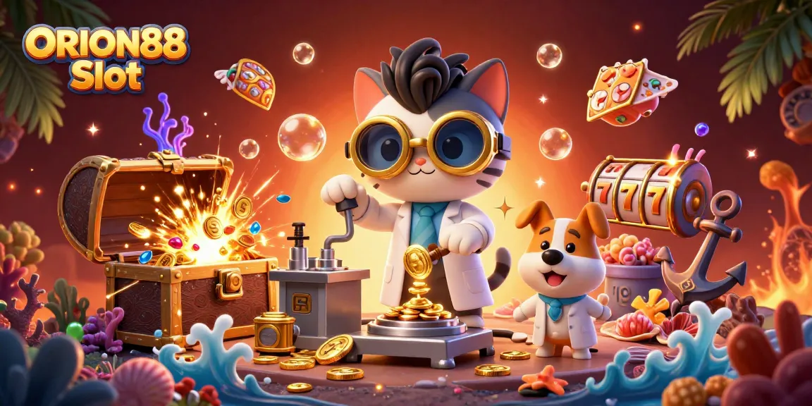 Spin the ORION88 Slot reels with jackpot wins and vibrant treasures in this illustrated scene.