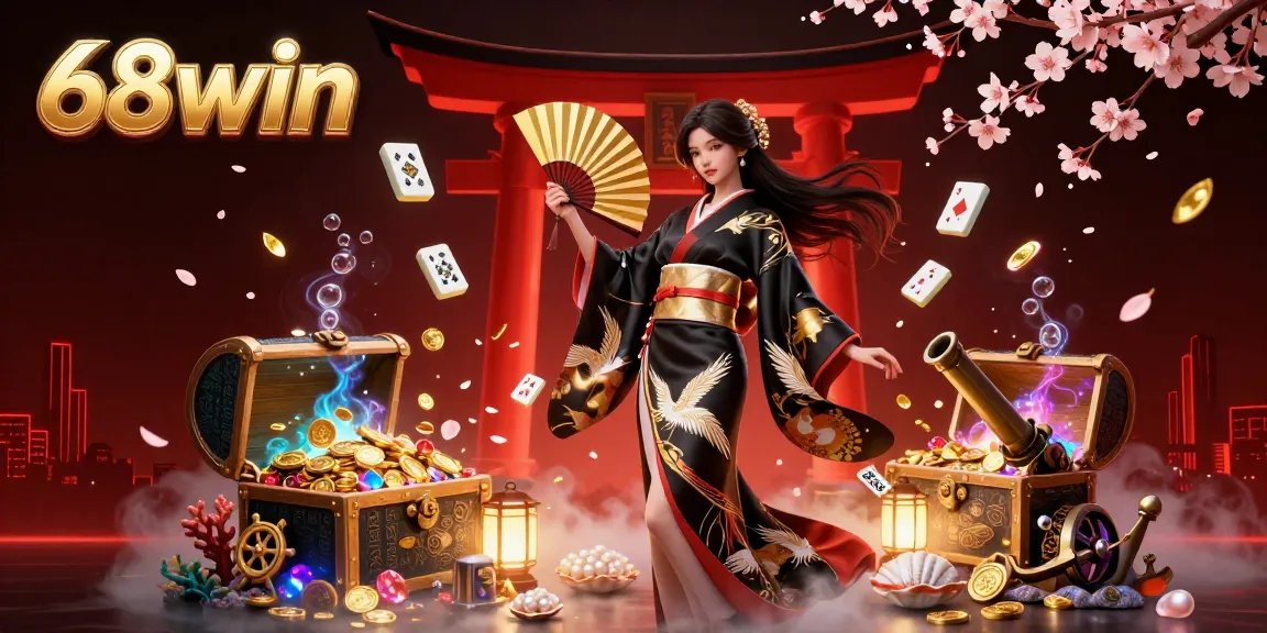 Experience exhilarating gaming with 68win, showcasing an elegant Asian woman in a dynamic casino scene with iconic gaming elements.