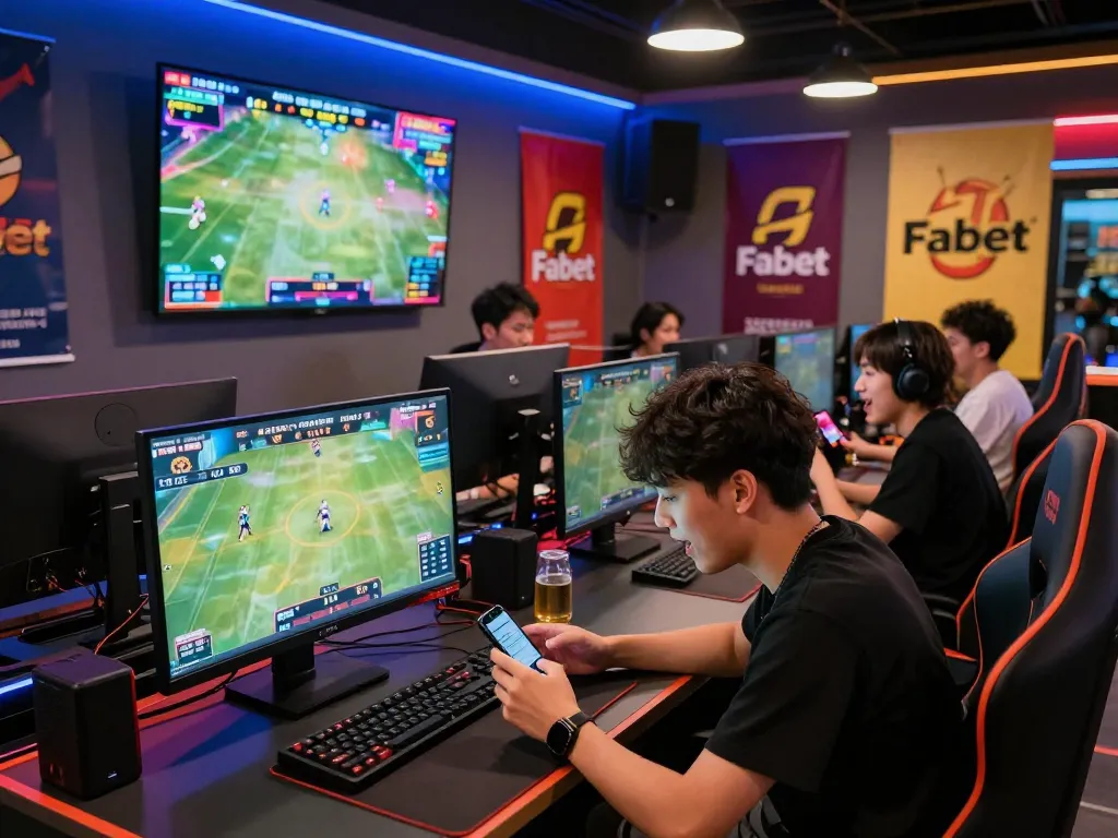 Exciting sports betting session at Fabet's modern gaming lounge with enthusiastic players engaged in competition.