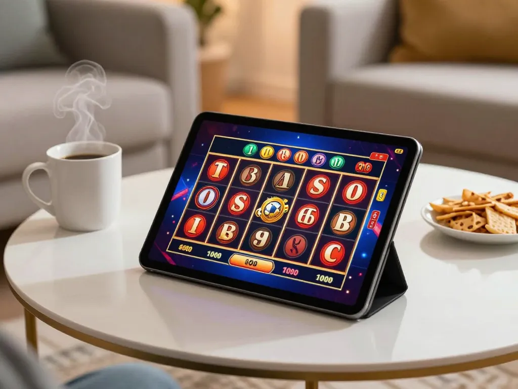 Enjoy an engaging slot game on a tablet in a cozy home setup, blending entertainment and relaxation.