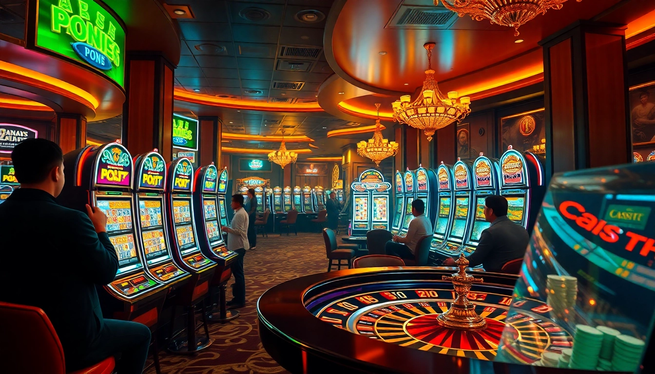 PEN4D players excitedly engaging with vibrant slot machines and roulette tables in a luxurious casino setting.