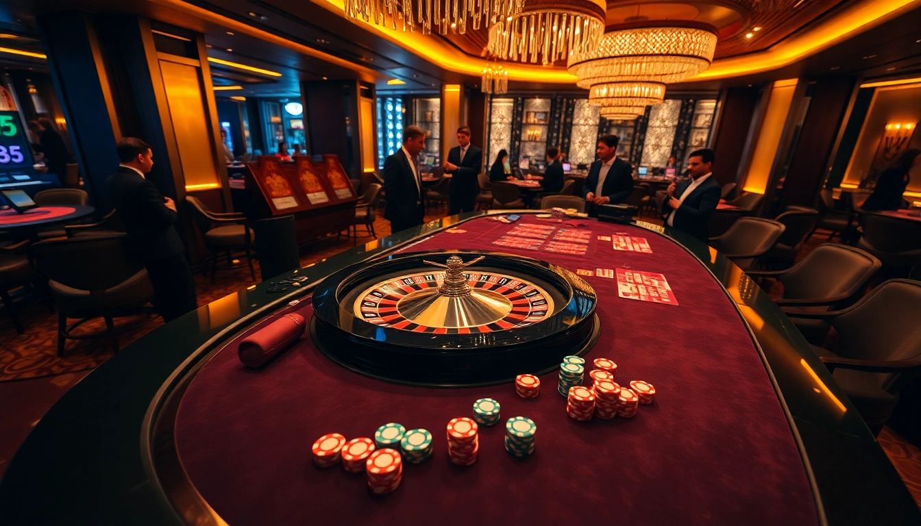 Nohu-themed casino table with vibrant poker chips and roulette wheel spotlighted for an elegant gaming experience.