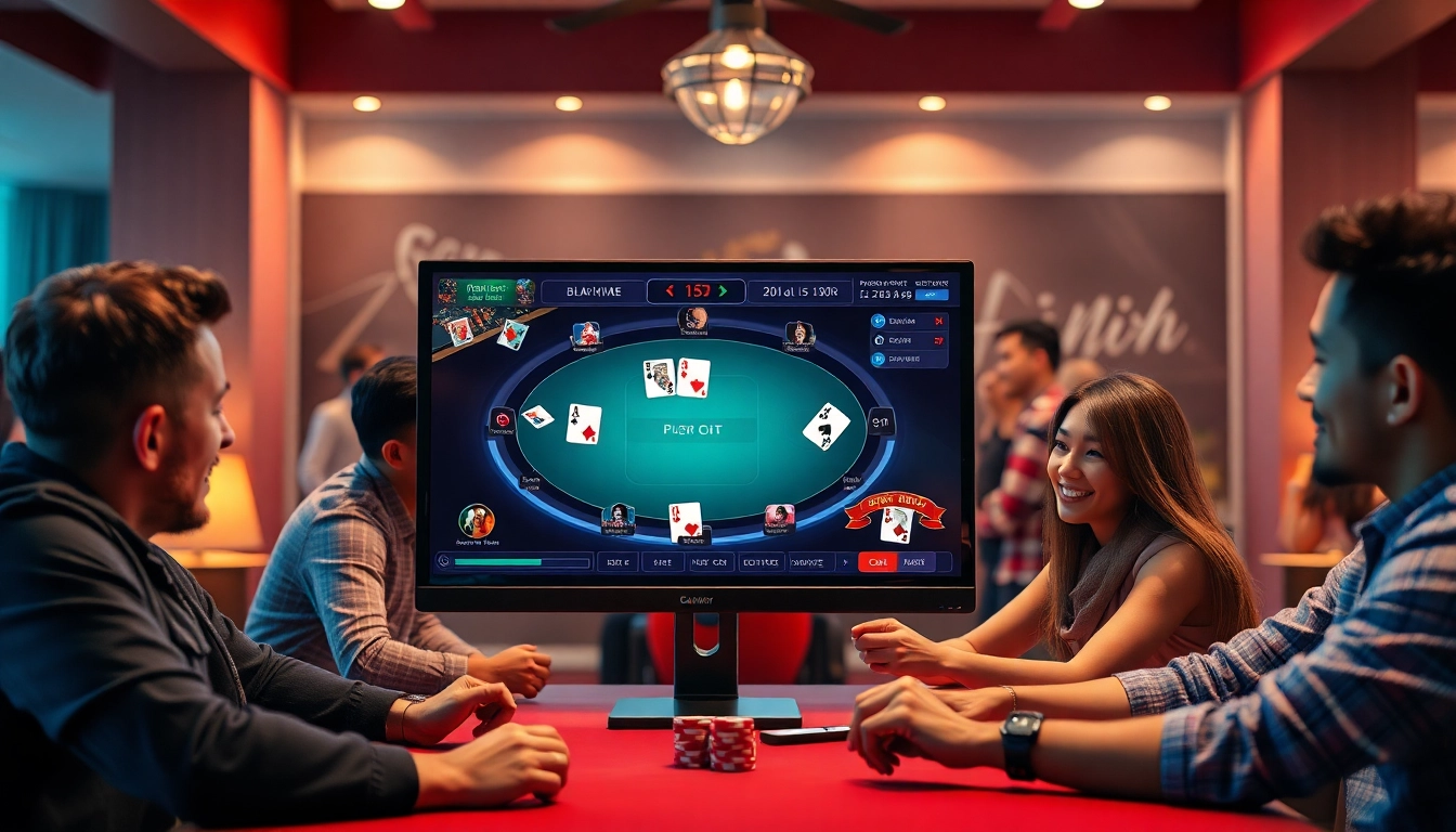 Cổng game bài đổi thưởng platform showcasing vibrant gaming interface and diverse players engaged in card games.