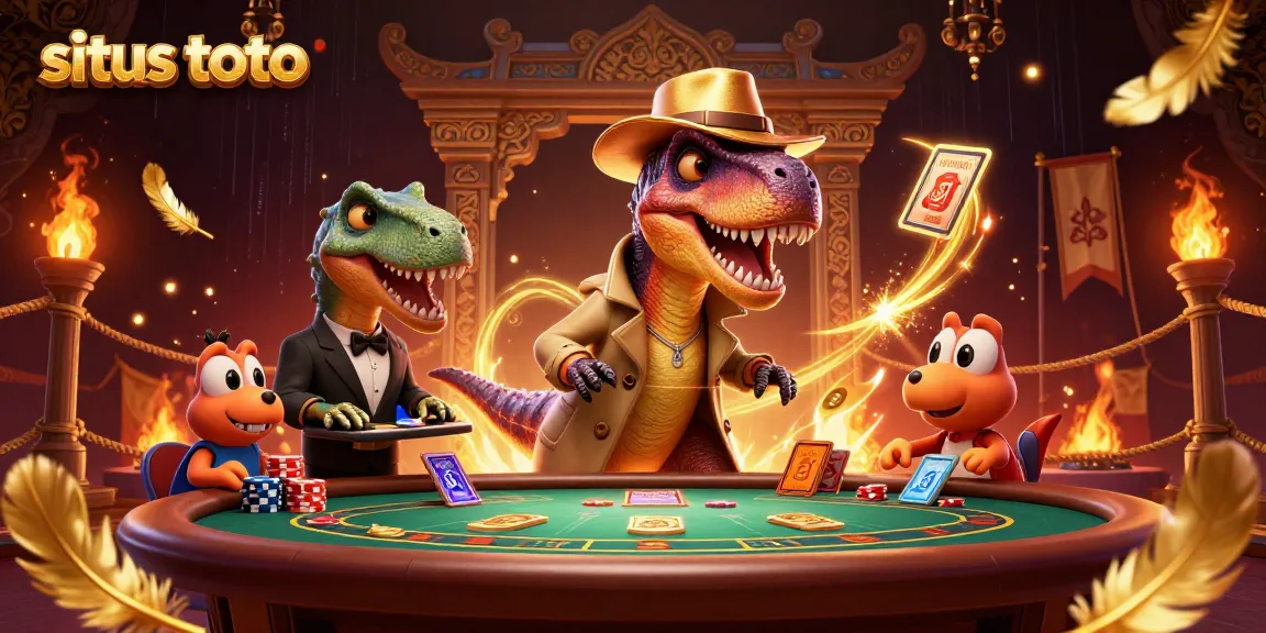 Engage in top-notch situs toto action with a cartoon velociraptor card counter at a blackjack table.