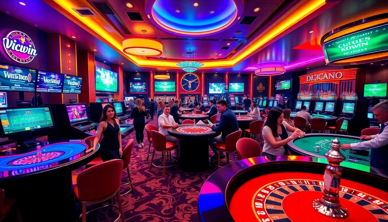 Exciting gaming experience at VICWIN casino showcasing vibrant tables and happy players.