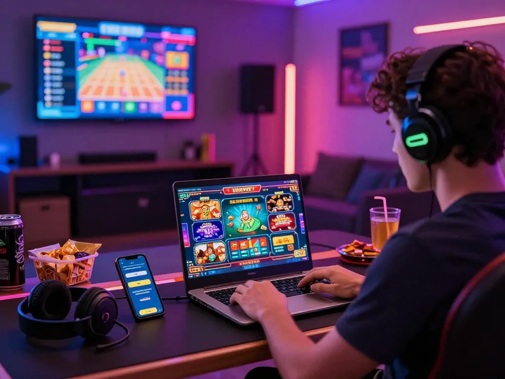 A user engaging with the web sunwin platform in a dynamic online gaming environment, surrounded by vibrant visuals and immersive tech.
