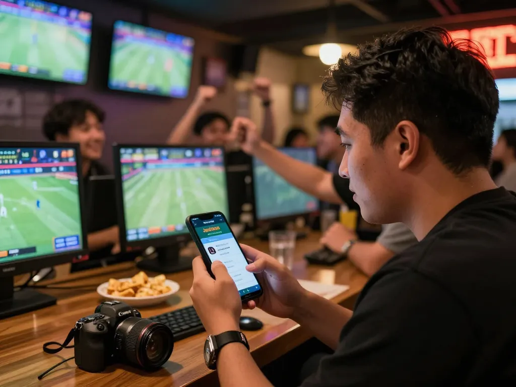 Engaged sports betting enthusiast using the 7meter Judi Bola app during an exciting game.