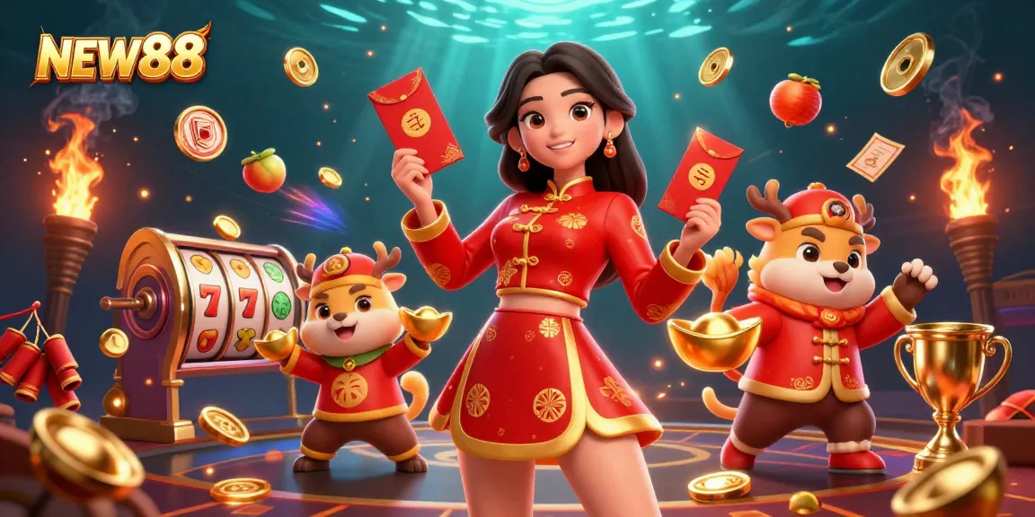 Engage with NEW88 for exciting casino experiences featuring vibrant characters and iconic gaming elements.
