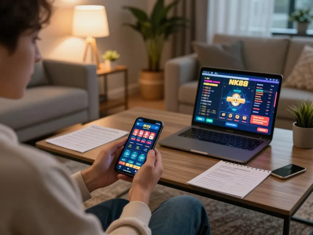 Engaging experience at NK88's online casino with smartphone gameplay in a cozy setting.