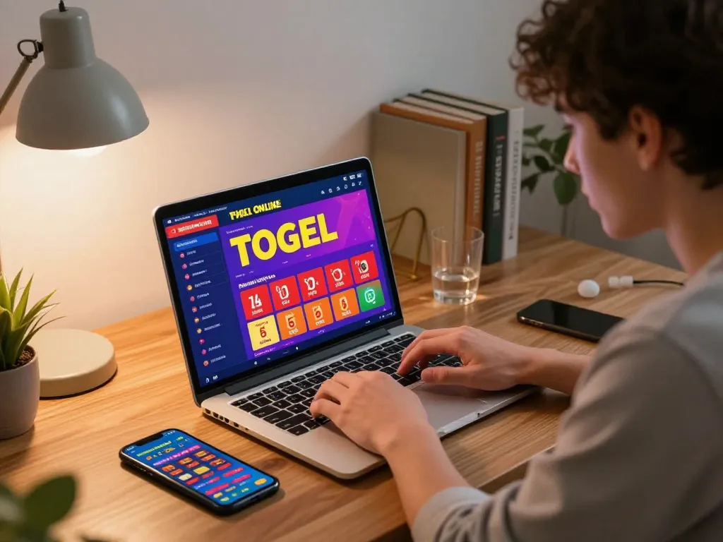 Engaging in togel online gaming on a laptop at home, showcasing a lively and focused atmosphere
