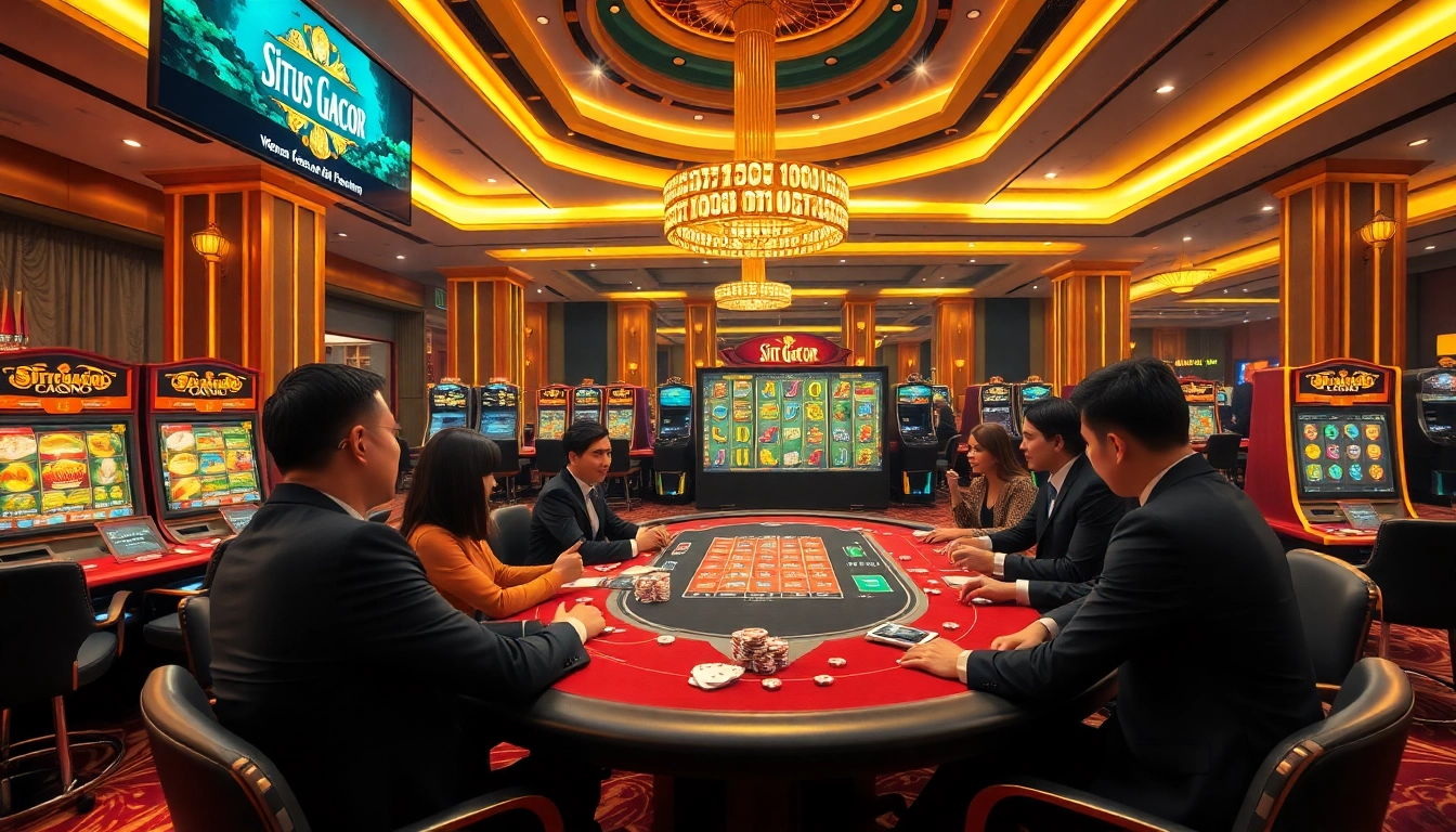 Situs Gacor gaming experience with players at luxurious casino tables and vibrant slots.