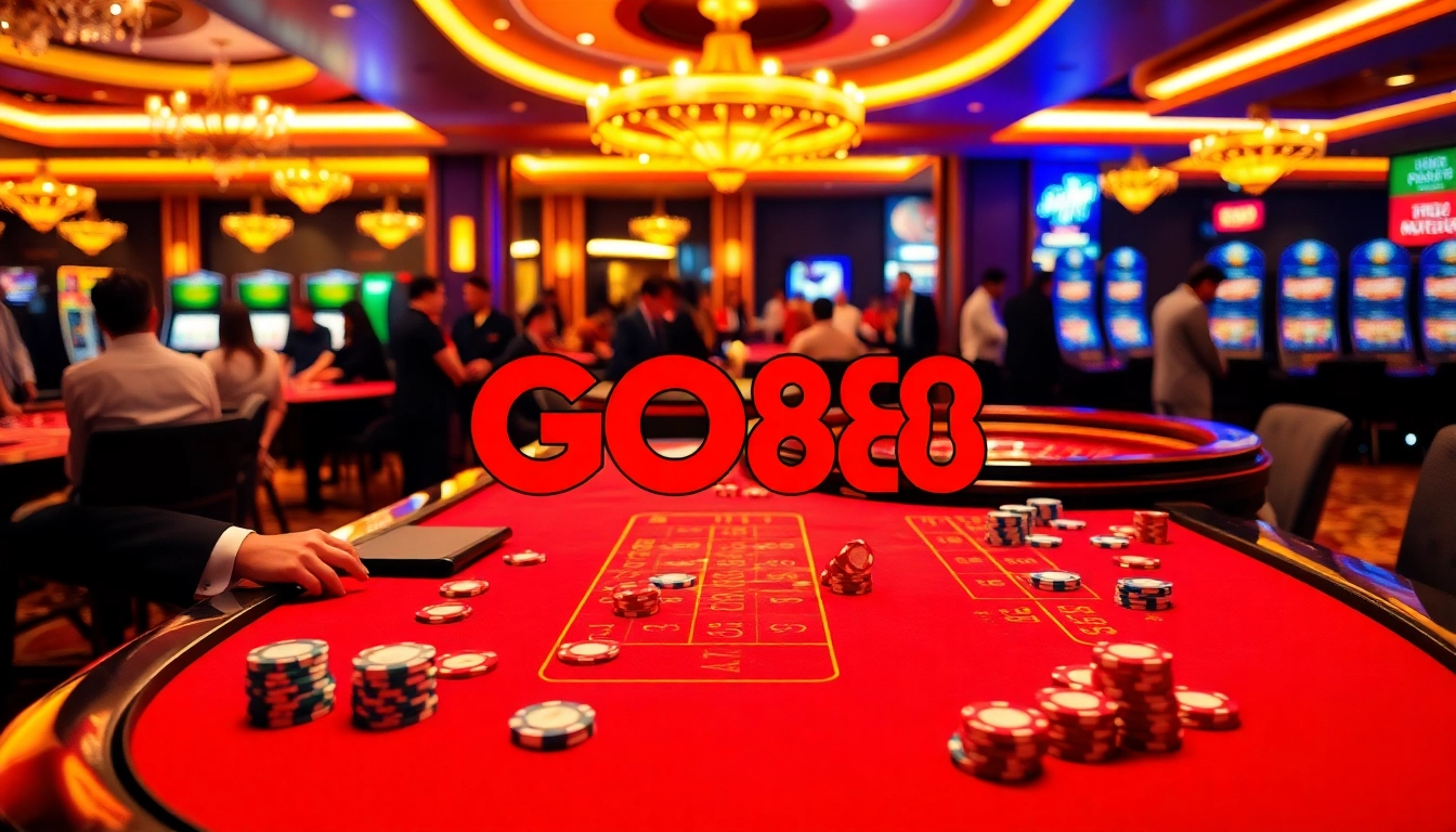 GO88 players engaging at an exciting casino table with vibrant poker chips and cards.