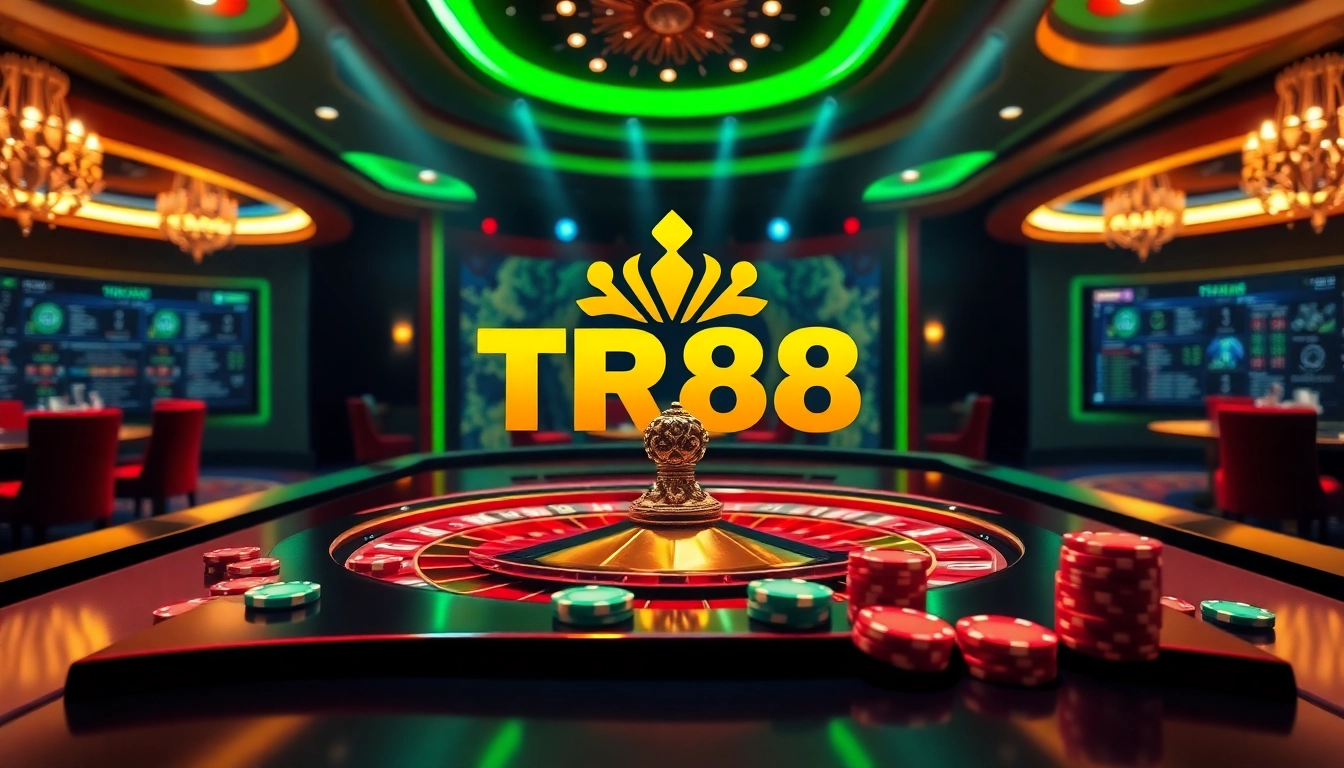 TR88 logo shines on a luxurious casino table with poker chips and a roulette wheel.