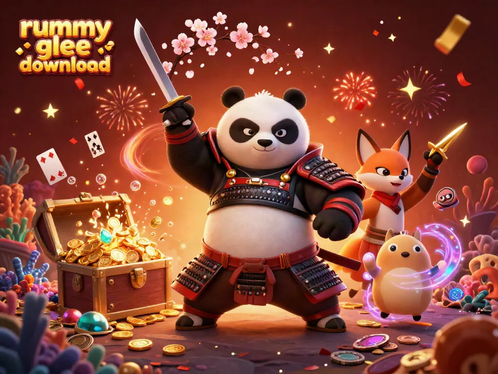 Gambarkan cara mendownload Rummy Glee sambil bermain dengan karakter unik dalam ilustrasi fantastis.