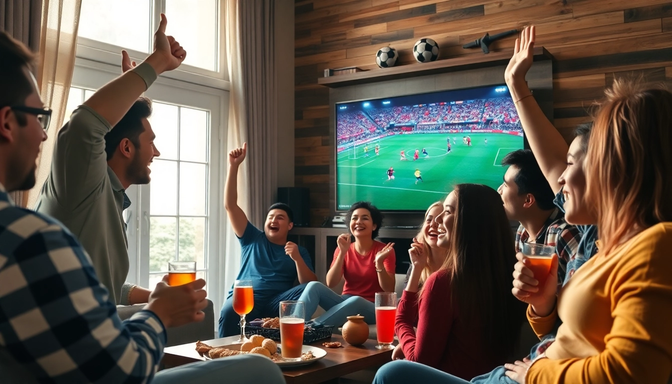Excited soccer fans enjoying live streaming on https://socolive.com.co/ in a cozy living space.