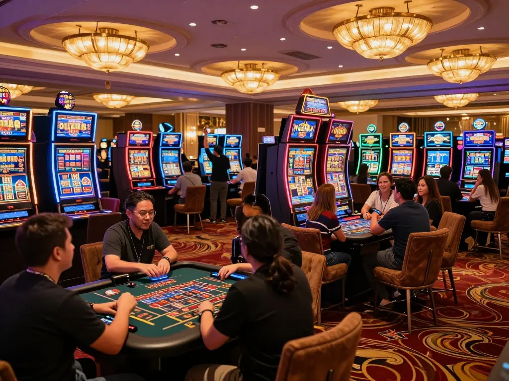 Players enjoying immersive fun88 gaming experience at vibrant casino, celebrating wins at slot machines.