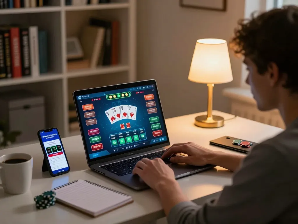 Engaging in online poker while tracking courier services like track-courier on a gaming laptop.